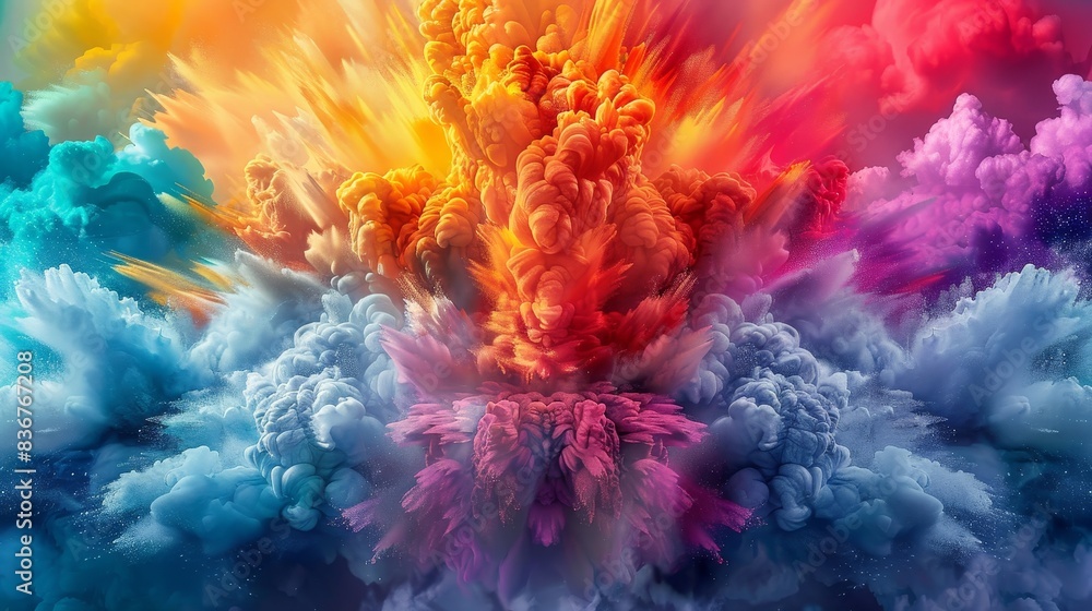 Abstract burst of creativity depicted as a vivid explosion of colors transforming a monochromatic landscape, symbolizing innovation and change Abstract burst of creativity depicted as a vivid explosion of colors transforming a monochromatic landscape, symbolizing innovation and change