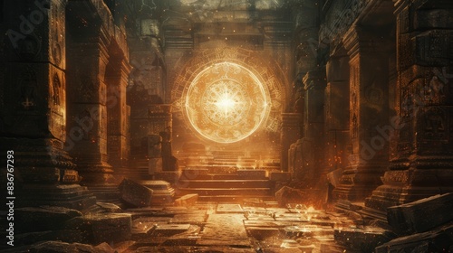Ancient temple ruins adorned with alchemical symbols that seem to dance in the light, an ethereal glow illuminating the sacred grounds