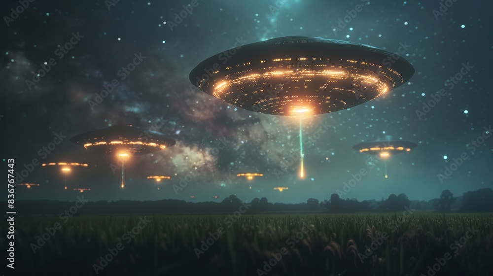 Brightly lit UFO fleet descending over a green rice field, stars twinkling in a deep cosmic backdrop, light beams cutting through the night Brightly lit UFO fleet descending over a green rice field, stars twinkling in a deep cosmic backdrop, light beams cutting through the night