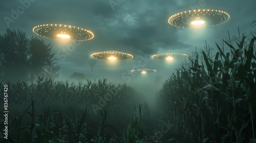 Bright lights from a fleet of UFOs flying low over a cornfield, illuminating the area with an otherworldly glow, with detailed stalks and eerie shadows