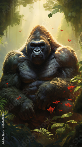 A majestic gorilla pounding its chest, asserting its dominance in the heart of the jungle. © Animals Jungle