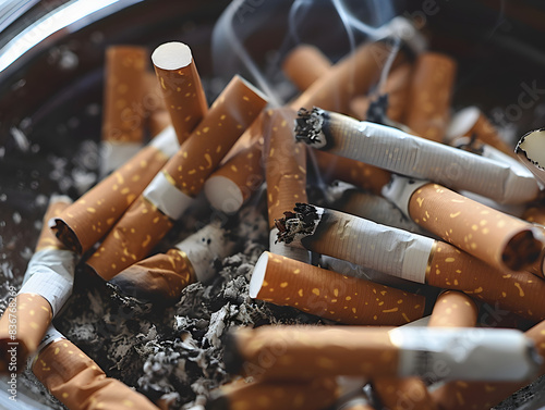 An overflowing ashtray with cigarette butts spilling out onto the ground, creating a littered mess.