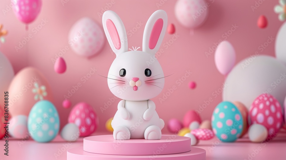 Cute 3D rendering of a pink Easter bunny on a podium with a pink background and colorful Easter eggs. Cute 3D rendering of a pink Easter bunny on a podium with a pink background and colorful Easter eggs.