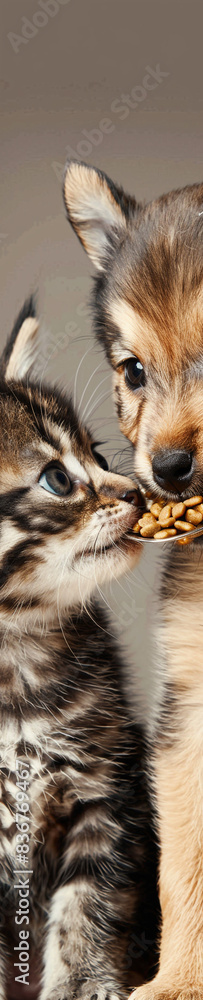 A close-up of a kitten and puppy sharing food on an isolated solid background, placed in the corner A close-up of a kitten and puppy sharing food on an isolated solid background, placed in the corner