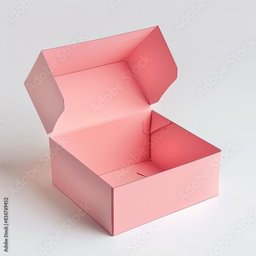 3D open pink box close-up, isolated, on a white background. Gift packaging, container for storing and transporting easily breakable goods. photo