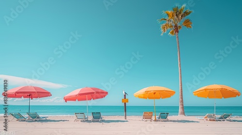 Colorful beach umbrellas by the blue sea