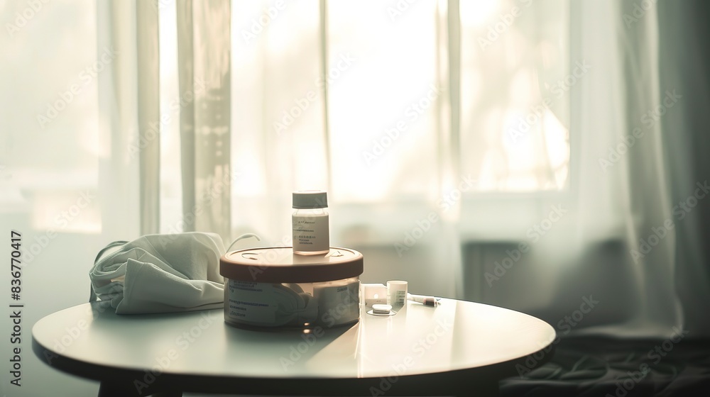 Fototapeta premium Close-up of a wound dressing kit on a side table, foggy, no people, muted evening light 