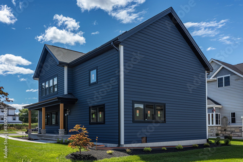 Direct frontal view of a striking midnight blue house with siding, emphasizing its curb appeal in a suburban neighborhood, under a sunny sky. © alishba Lishay
