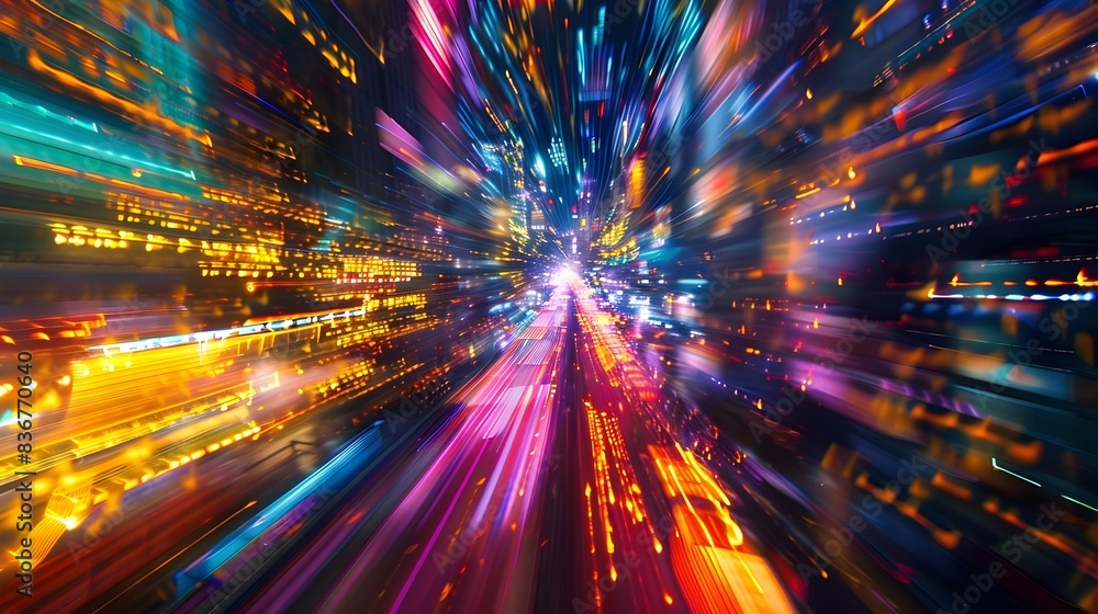 Obraz premium Blurred Thrilling Abstract Background with Shimmering Holographic Speed Motion Perspective at Night