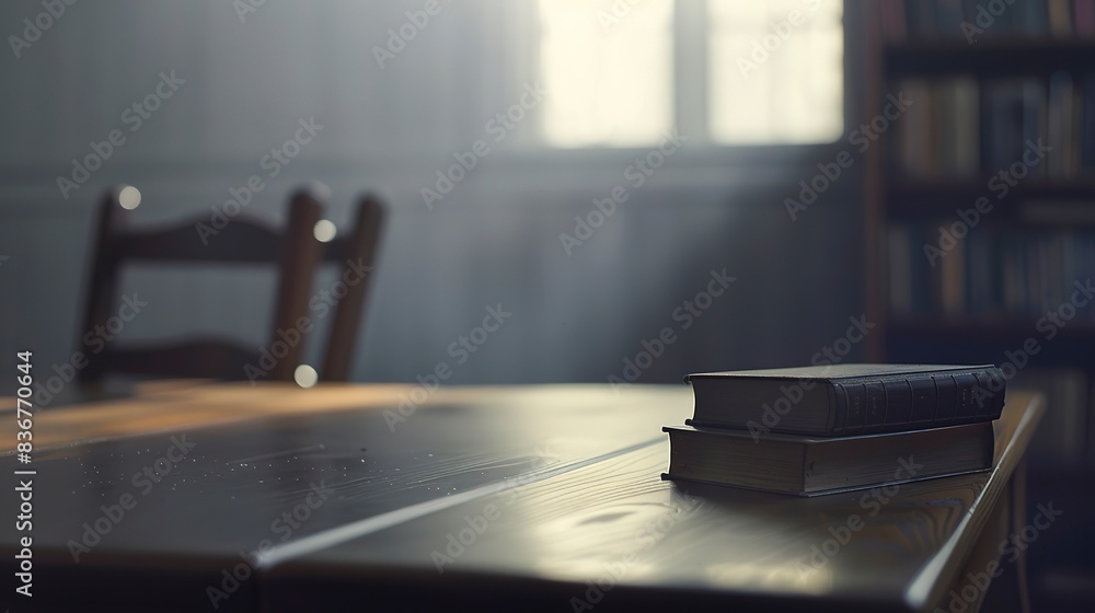 Senior care facility's library book on a table, close-up in fog, deserted, soft focus, dawn light Senior care facility's library book on a table, close-up in fog, deserted, soft focus, dawn light