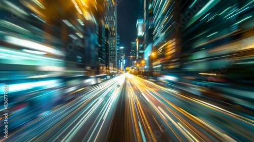 Blurred Nighttime City Street with High Speed Motion and Luminous Lights