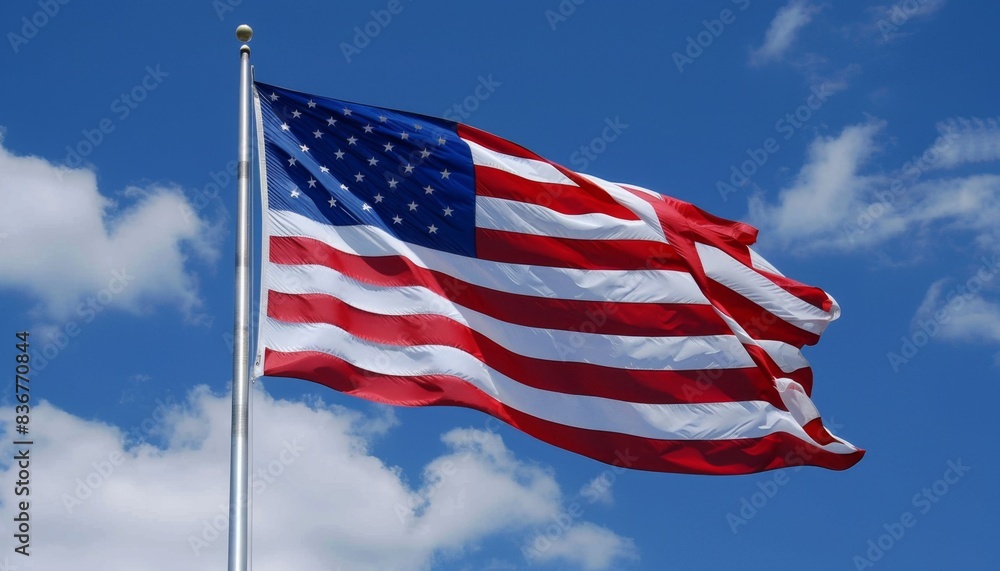 Obraz premium Flag of United States of America being waved in the breeze against a sky. USA flag
