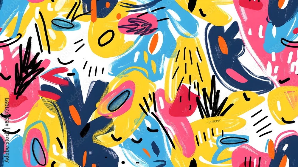 Obraz premium and Carefree Doodle Inspired Seamless Pattern with Playful Shapes and Vibrant Colors for Diverse Design Applications