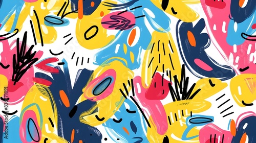 and Carefree Doodle Inspired Seamless Pattern with Playful Shapes and Vibrant Colors for Diverse Design Applications
