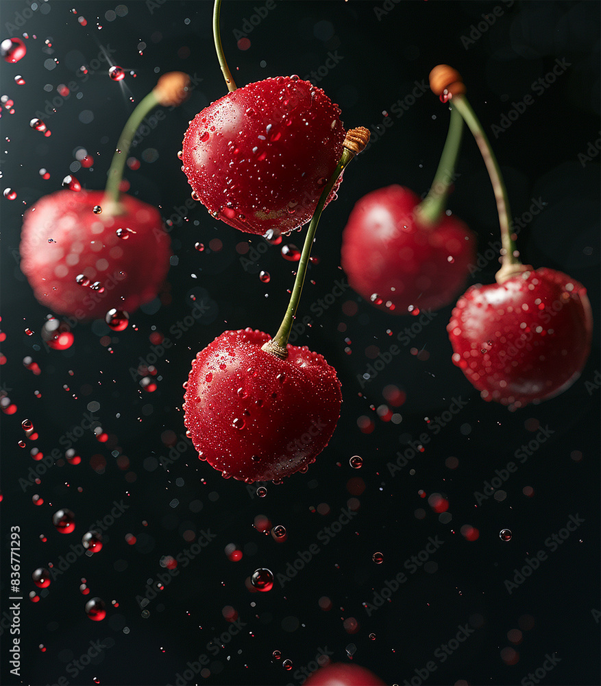 flying Cherries falling in water splashes flying Cherries falling in water splashes
