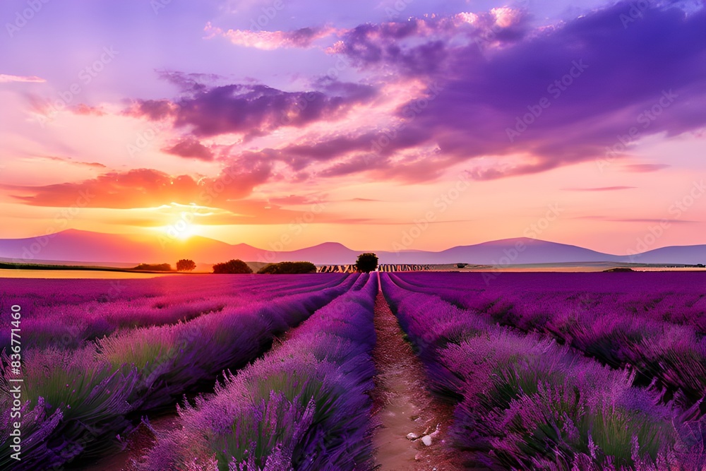 Wonderful summer landscape with lavender fields, generative ai