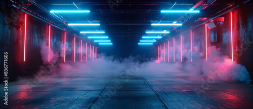 Empty dark street with neon spotlights, concrete floor, and smoke ideal for product displays in a studio room.
