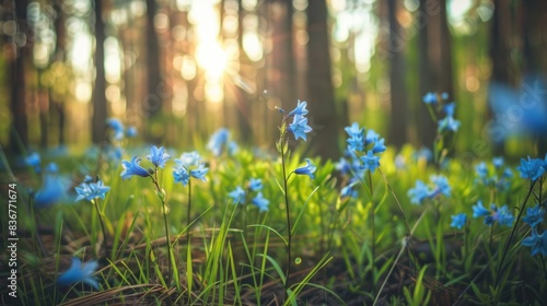 Closeup View of Blue Bellflowers in a Woodland Clearing - Selective Focus on Deaf Forest Nature with Pine Needles, Grove, and Animals 