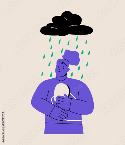 Woman with empty hole in chest. Psychology problem and mental state concept. Colorful vector illustration