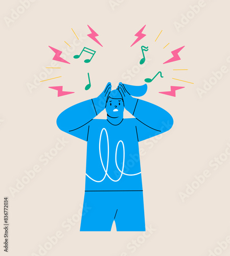 Woman covering her ears with her hands. Colorful vector illustration