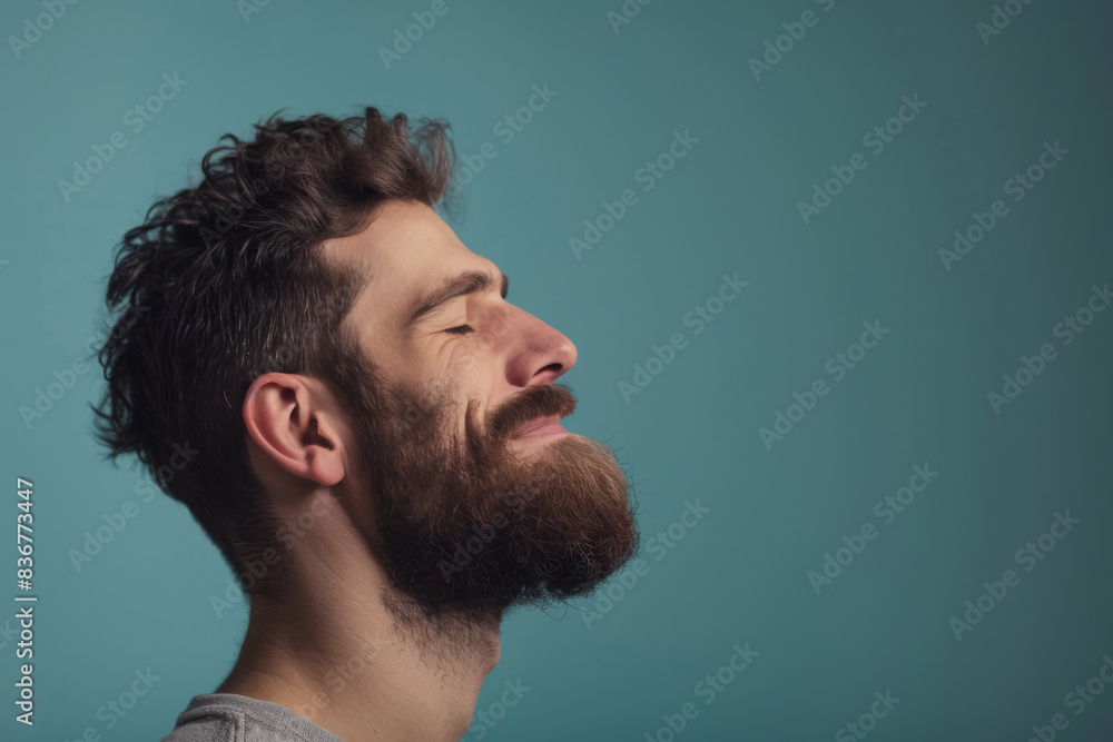 Fototapeta premium A close up of a man with beard and closed eyes looking to a side