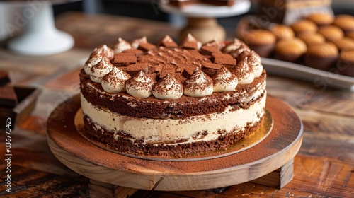 A rich and creamy tiramisu cake with a dusting of cocoa powder, showcased on a rustic wooden table with other cakes subtly in the background