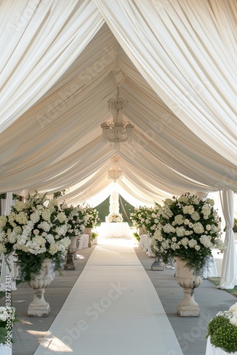 Outdoor wedding tent with white decorations awaiting guests for event design