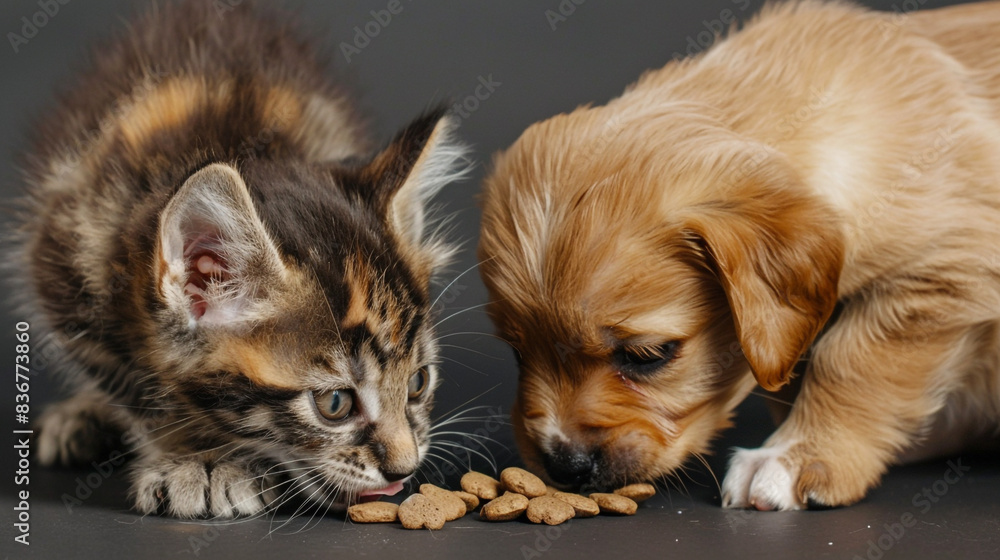 A close-up of a kitten and puppy eating side by side on an isolated solid background, in the corner of the image A close-up of a kitten and puppy eating side by side on an isolated solid background, in the corner of the image