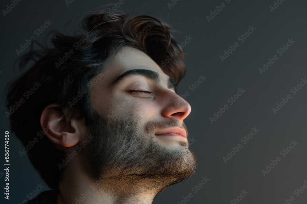 A close up of a man with beard and closed eyes looking to a side A close up of a man with beard and closed eyes looking to a side