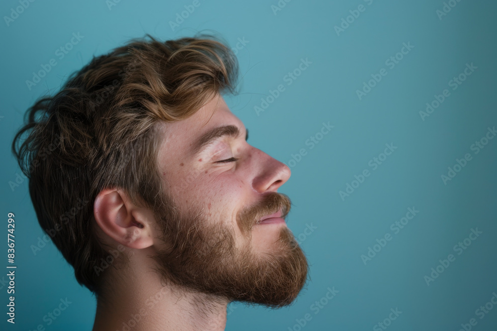Obraz premium A close up of a man with beard and closed eyes looking to a side