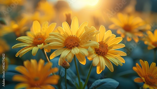 Sneezeweed flower field during sunset. Luscious field full of yellow flowers during summertime. Summertime bloom of sneezeweed flowers as the sun goes down