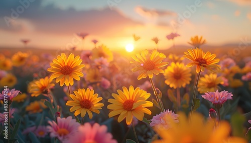 Sneezeweed flower field during sunset. Luscious field full of yellow flowers during summertime. Summertime bloom of sneezeweed flowers as the sun goes down