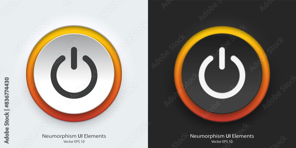 A set of black and white round buttons with power symbols. Power vector icon in trendy neumorphic style. 3D Neumorphism design style for Apps, Websites, Interfaces and mobile app menu. A set of black and white round buttons with power symbols. Power vector icon in trendy neumorphic style. 3D Neumorphism design style for Apps, Websites, Interfaces and mobile app menu.