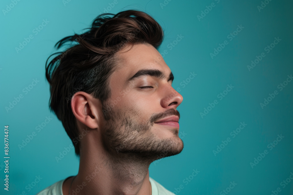 A close up of a man with beard and closed eyes looking to a side