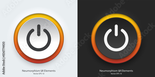 A set of black and white round buttons with power symbols. Power vector icon in trendy neumorphic style. 3D Neumorphism design style for Apps, Websites, Interfaces and mobile app menu.