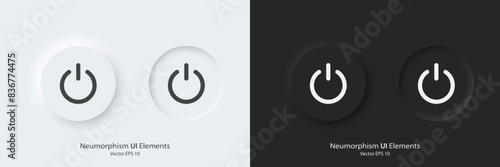 A set of black and white round buttons with power symbols. Power vector icon in trendy neumorphic style. 3D Neumorphism design style for Apps, Websites, Interfaces and mobile app menu.