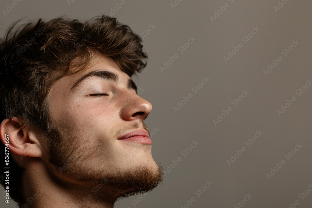 Fototapeta premium A close up of a man with beard and closed eyes looking to a side