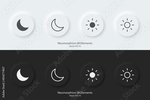 A set of black and white round buttons with sun and moon symbols. Day and night vector icon in trendy neumorphic style. 3D Neumorphism design style for Apps, Websites, Interfaces and mobile app menu.