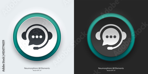 A set of black and white round buttons with chatbot symbols. Chatbot vector icon in trendy neumorphic style. 3D Neumorphism design style for Apps, Websites, Interfaces and mobile app menu.