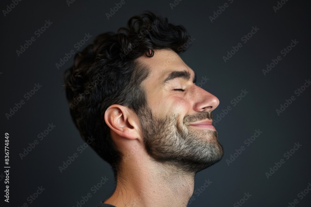 Fototapeta premium A close up of a man with beard and closed eyes looking to a side