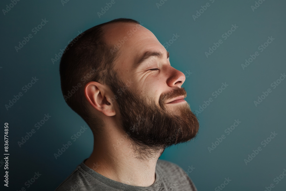 Obraz premium A close up of a man with beard and closed eyes looking to a side