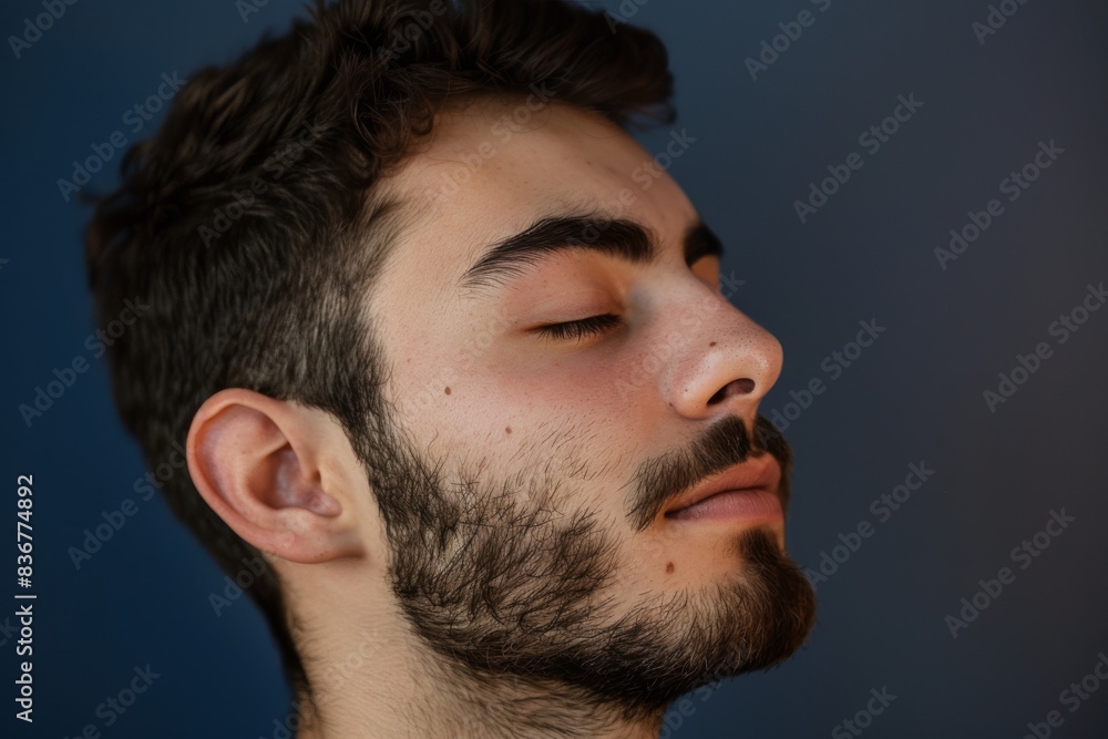 Obraz premium A close up of a man with beard and closed eyes looking to a side