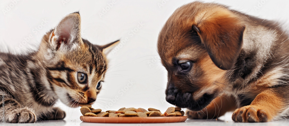 A close-up of a kitten and puppy sharing food on an isolated solid background, placed in the corner A close-up of a kitten and puppy sharing food on an isolated solid background, placed in the corner