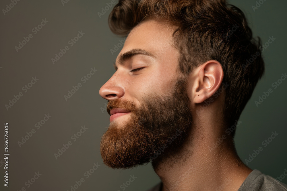 Fototapeta premium A close up of a man with beard and closed eyes looking to a side