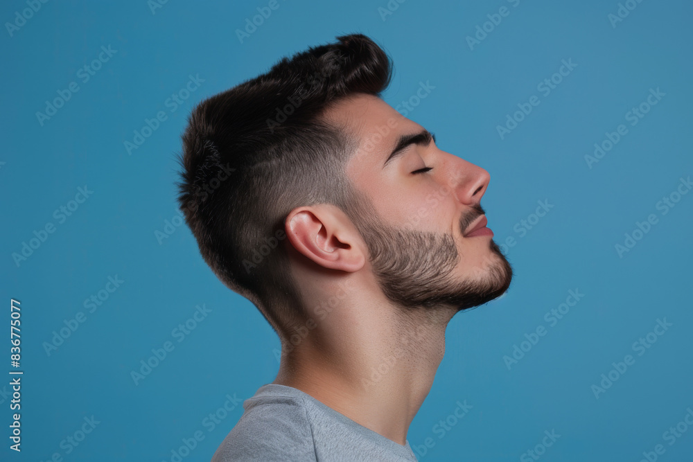Fototapeta premium A close up of a man with beard and closed eyes looking to a side