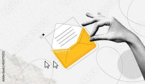 Trendy Halftone Collage Hand holding new message in envelope. Yellow letter on email. Invitation by mail. Online communication. Spam inbox. Social media marketing concept. Contemporary vector art