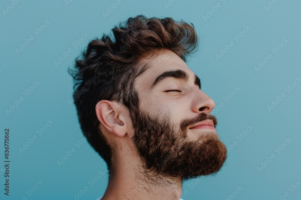 Obraz premium A close up of a man with beard and closed eyes looking to a side