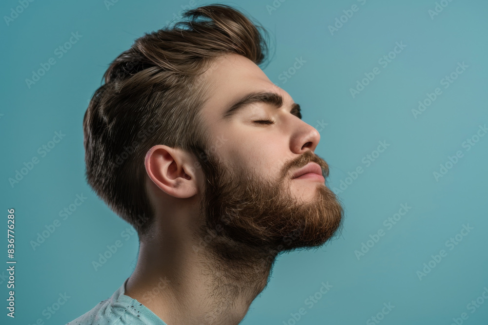 Fototapeta premium A close up of a man with beard and closed eyes looking to a side