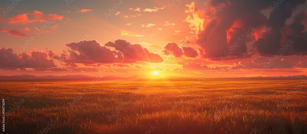 The sun sets in the background, casting a warm golden light over a vast field of green grass. The sky is painted with hues of orange and pink, signaling the end of the day The sun sets in the background, casting a warm golden light over a vast field of green grass. The sky is painted with hues of orange and pink, signaling the end of the day