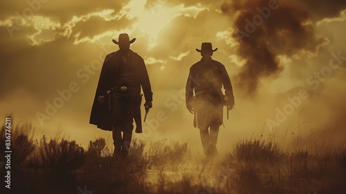 Old west duel between two cowboys in a classic showdown scene. photo